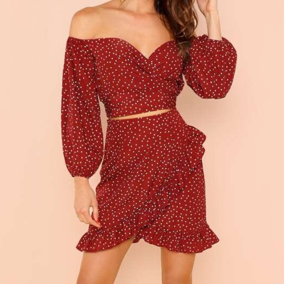 SHEIN Dresses & Skirts - Burgundy Dotted Shein Skirt and Crop Top Set